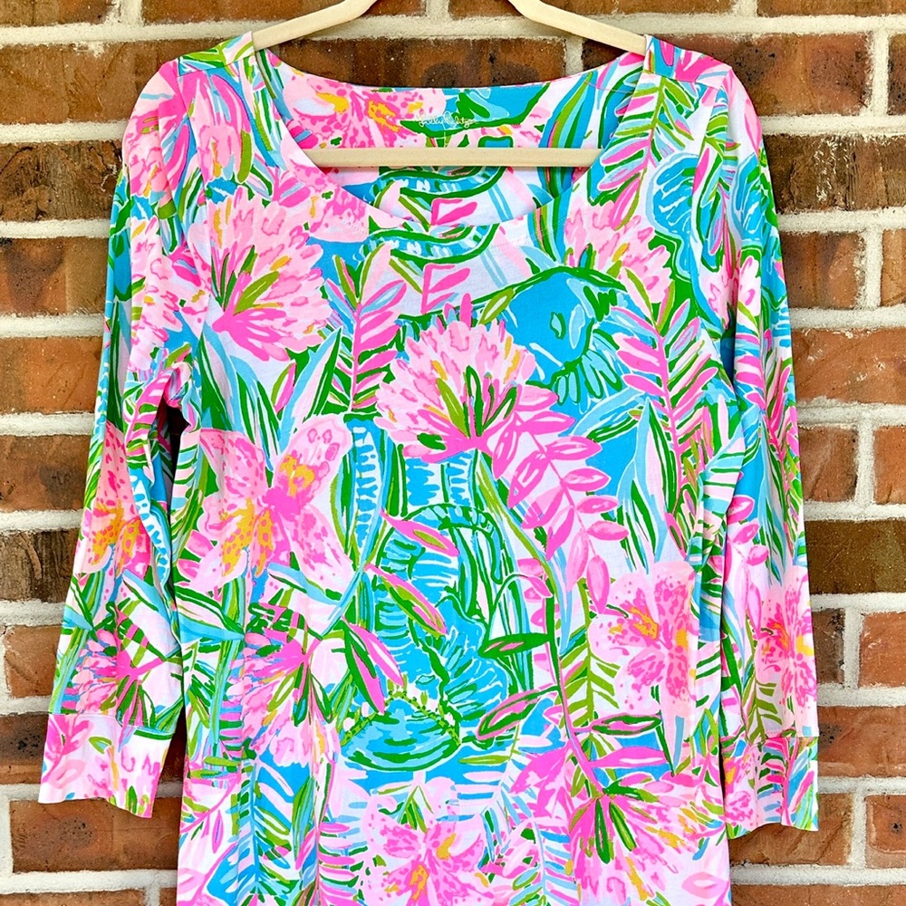 Lilly Pulitzer Pink Blue Green Tropical Floral Midi Dress